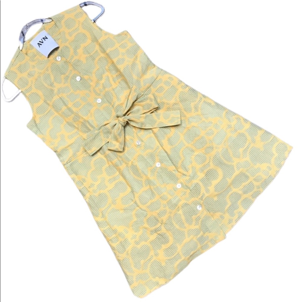 AVN Yellow Green Ribbed Waist Tie Sleeveless Dress